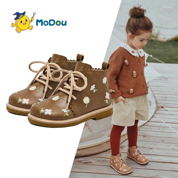 Сапоги Mo Dou из натуральной кожи для девочек Martin, осень 2024, детская обувь с вышивкой, детская обувь до щиколотки в стиле ретро