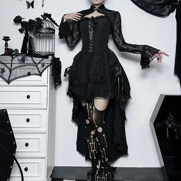 Casual Kleider Frauen Sexy Schlank Gothic Kleid Dunklen Stil Kurze Vordere Lange Rückenfreie Ärmel Stickerei Gürtel Riemchen