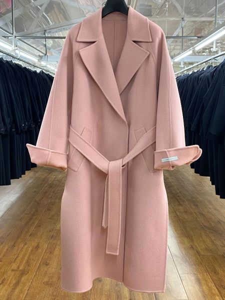 Смешанные элегантные пояса, розовые шерстяные пальто, женская мода, шерстяное пальто большого размера, осеннее свободное милое корейское длинное пальто с разрезом, женское пальто