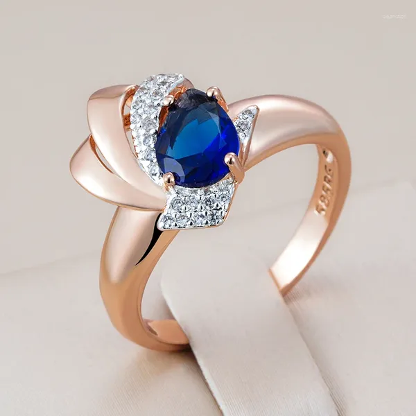 Anéis de cluster Kinel Moda Azul Natural Zircon Anel para Mulheres Único 585 Rosa Ouro Prata Cor Mix Étnico Casamento Cristal Vintage Jóias