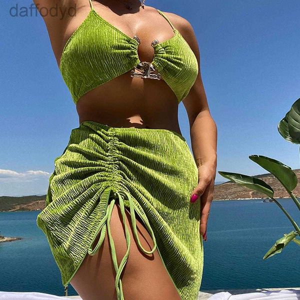 Kadın Mayo Kadınları Mayo Yeşil Bikini Etek Halter Mayo Seksi 3 Parça Bikini Setleri Kadın Mayo Yeni Mayo Sahibi Beachwear 240307