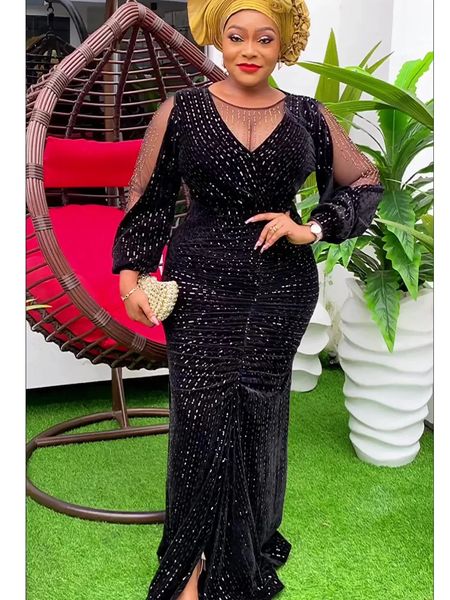 Plus Size Afrikanische Elegante Partykleider für Frauen Pailletten Abendkleid Kaftan Muslim Maxi Langes Kleid Damenbekleidung 240226
