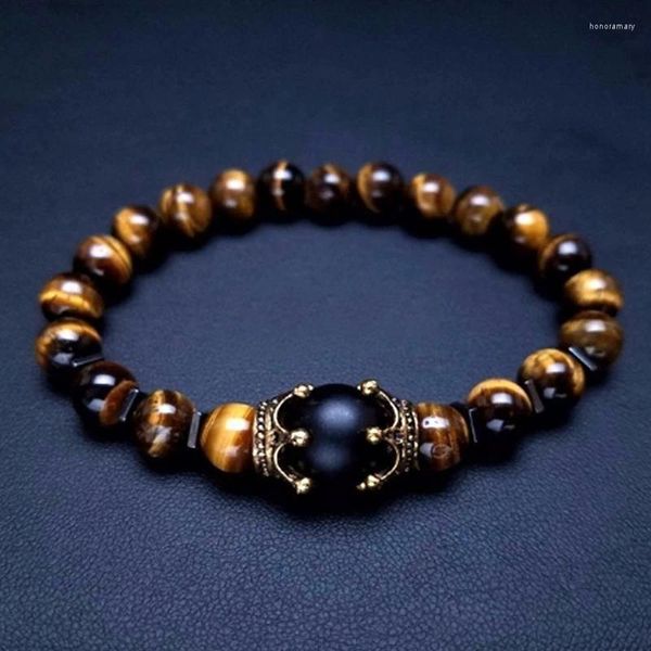 Charme pulseiras natural de alta qualidade tigre olho pedra coroa forma grânulo pulseira para homens jóias de luxo presente trazer