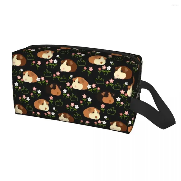 Sacos cosméticos cobaia e flores bolsa de maquiagem feminina organizador de viagem kawaii animal armazenamento de higiene pessoal