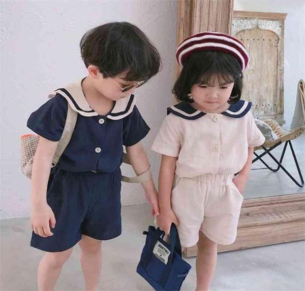 Sommer Koreanischen Stil Kinder Sailor Kragen Baumwolle Leinen Kleidung Sets Jungen Mädchen T ShirtShorts 2Pcs Kind Kleidung Baby junge 2108045198418