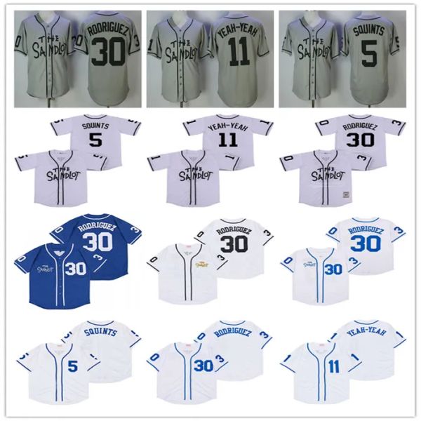 Camisas de beisebol do filme Sandlot - Benny 'The Jet' Rodriguez, Squints, Yeah-Yeah McClennan costuradas em cinza, branco, azul