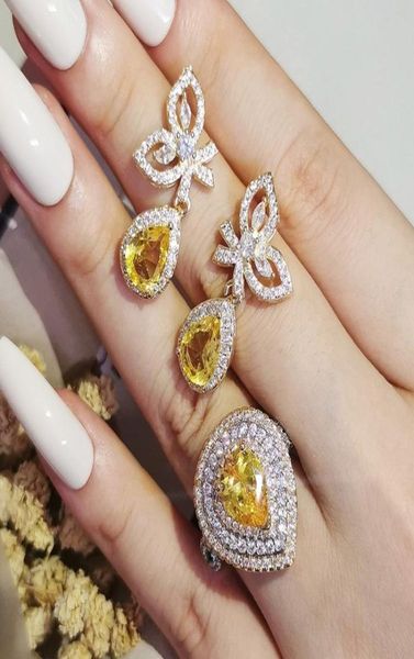 2022 neue Trendy Gelb gold farbe braut Dubai Schmuck Set Ohrringe Ringe für Frauen Weibliche Hochzeit Weihnachten Party Geschenk J67067143035
