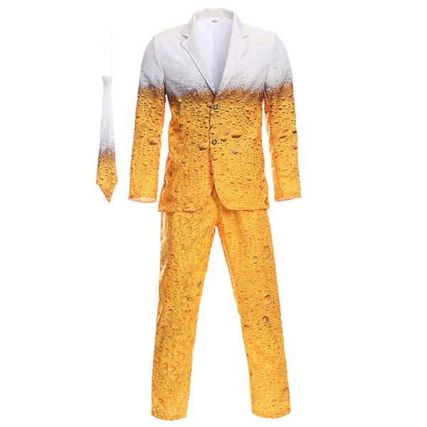 Adatto a completo da birra da uomo, set cosplay 3D dell'Oktoberfest, costume da addio al celibato divertente con umorismo, colore giallo, lunghezza regolare, manica lunga