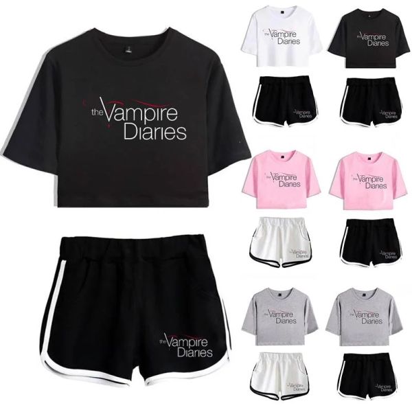 Conjuntos 2022 verão feminino o vampiro diários duas peças conjunto verão harajuku algodão impressão colheita topo t camisa e shorts meninas ternos de yoga
