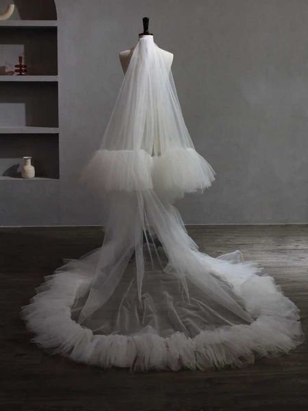 Hijab Velo da sposa a due strati Bordo arricciato Velo da sposa in tulle con pettine Veli da sposa soffici Copri velo per il viso