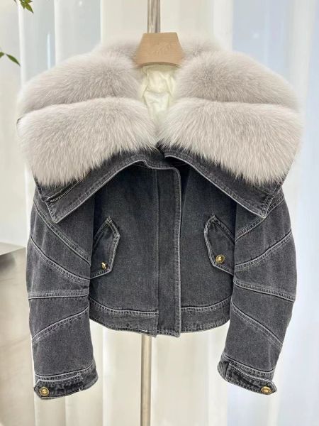 Pelliccia 2023 Donna Inverno Spessore Grigio Vera pelliccia di volpe Collo Denim Piumino d'oca Giacca calda Pelliccia di volpe Jean Cappotti da donna Parka Giacca di jeans