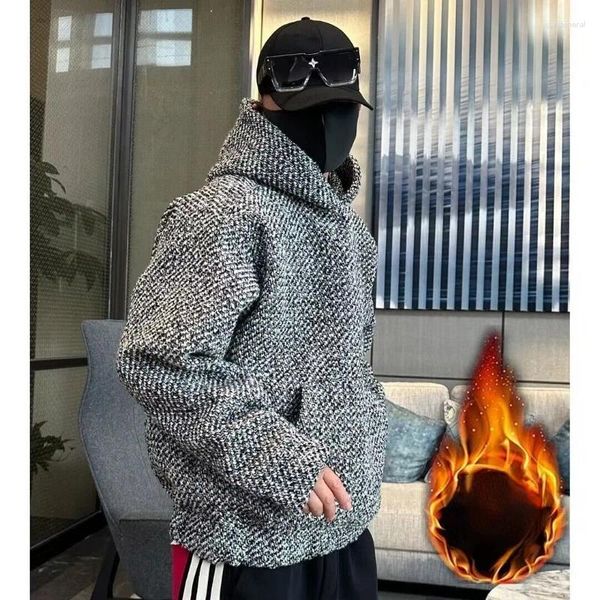 Hoodies masculinos outono inverno de lã com capuz tweed pulôver solto moletom streetwear bolsos quentes topos moda coreana harajuku