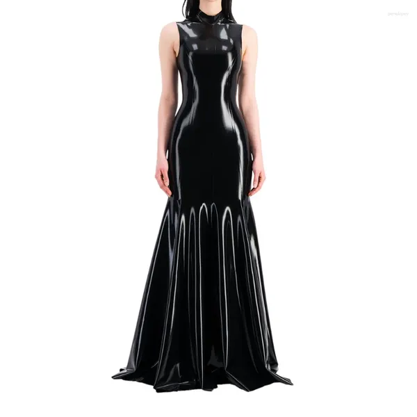 Lässige Kleider Frauen ärmellos halb Stehkragen Wet Look PVC Maxikleid Faux Latex Meerjungfrau bodenlang Party Club Fetisch Outfit Kleidung