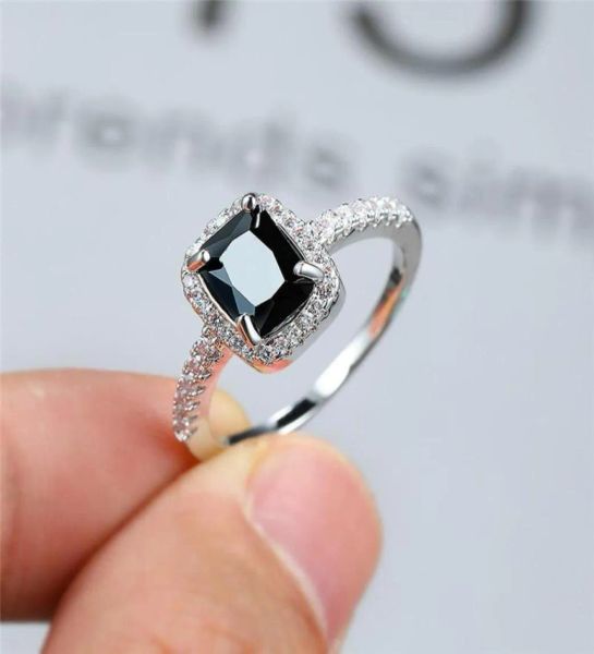 Anéis de casamento vintage feminino cristal preto pedra anel prata cor fina para mulheres na moda quadrado zircão noivado 2024307