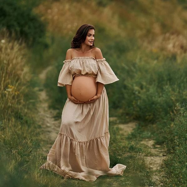 Boho-Zweiteiler-Set für Damen, Umstandskleider für Po-Shooting, bequemes Leinen-Baumwoll-Vintage-Oberteil und -Rock, Schwangerschaftskleidung 240301