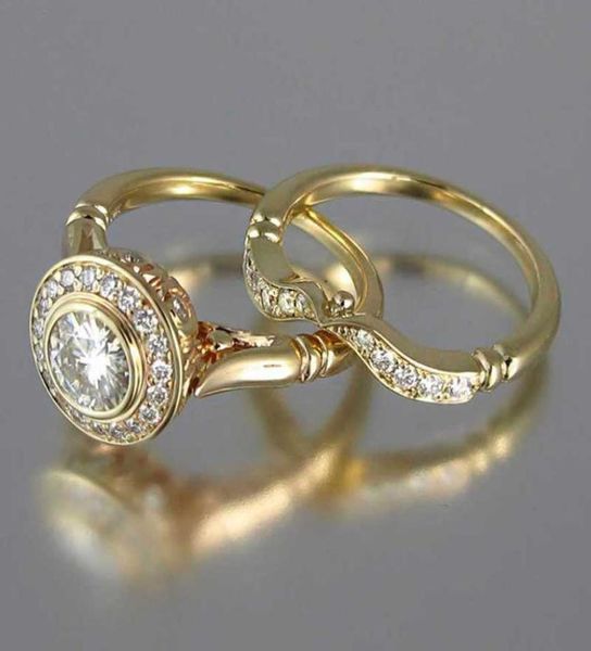 Huitan cor dourada 2 peças conjuntos de anéis de noiva proposta romântica anéis de casamento inimigos mulheres na moda pedra redonda configuração lotes inteiros q07087948017