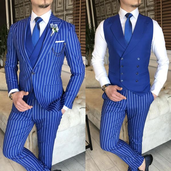Ternos masculinos terno 3 peças blazer colete calças um botão pico lapela riscas formal negócio azul magro casamento noivo traje homme