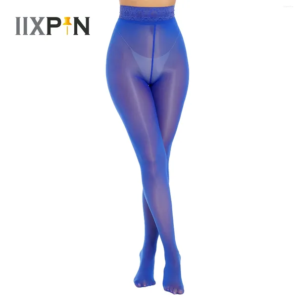 Frauen Socken Frauen Super sexy glänzende Strumpfhosen glänzend schiere leichte Top -Footed -Leggings Blumenspitzenstrümpfe Ultra schimmernde Taillenstrumpfhosen