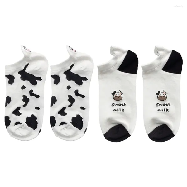 Meias femininas Amosfun Trainer Womens 4-7 2 pares padrão de vaca bordado baixo corte meia animal impressão curta tornozeleira