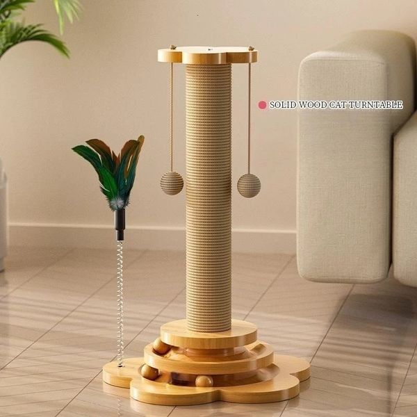 Brinquedo para gatos de estimação, plataforma giratória de madeira sólida, bolas engraçadas, durável, sisal, placa para arranhar, coluna de garra, y240304