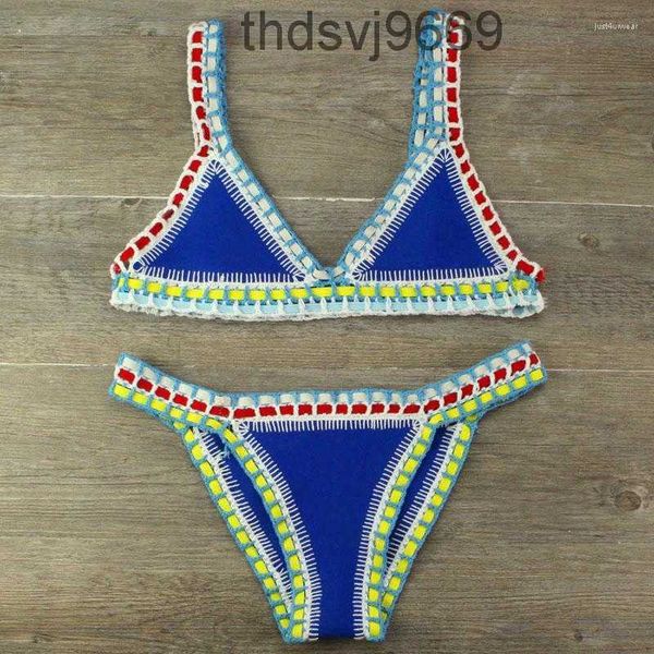 Costume da bagno donna patchwork lavorato a mano all'uncinetto in maglia bikini donna costumi da bagno spiaggia vacanza halter top maillot biquini costumi da bagno 0NXV