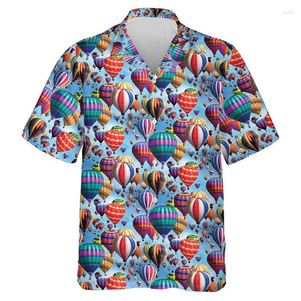 Camisas casuais masculinas harajuku moda balão de ar 3d impresso calças curtas para roupas masculinas havaiano fogo praia camisa manga
