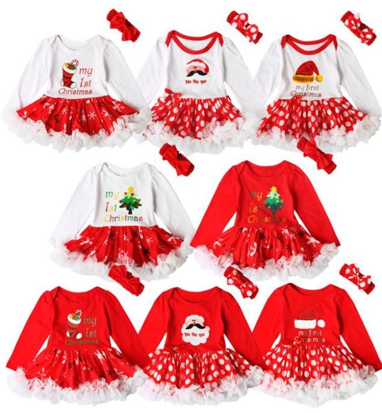 Bebê meninas impressão de natal vestido vermelho 2ps conjuntos de crochê arco headbandXmas padrão romper bebês primeiros presentes de natal bonito out2753133