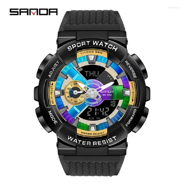 Orologi da polso SANDA 9004 Stile Lampada con sollevamento manuale Funzione Personalità creativa Orologio elettronico con doppio display movimento sincrono da uomo