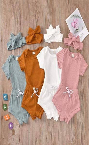 INS Baby Boutique Set di abbigliamento Abiti estivi Manica corta in cotone lavorato a maglia Abiti Pagliaccetti Pantaloncini Fasce 3 Pezzi Vestiti per bambini4023534