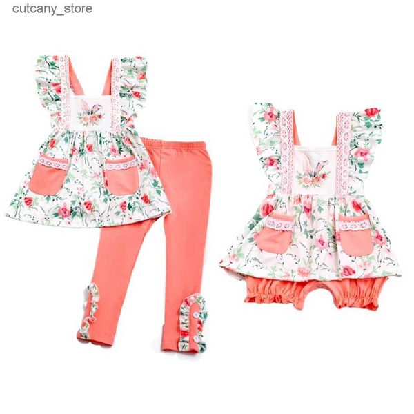 Overalls Girlymax Geschwister Frühling Sommer Ostern Baby Mädchen Coral Bunny Floral Tasche Rüschen Kleid Hosen Set Strampler Kinder Kleidung L240307