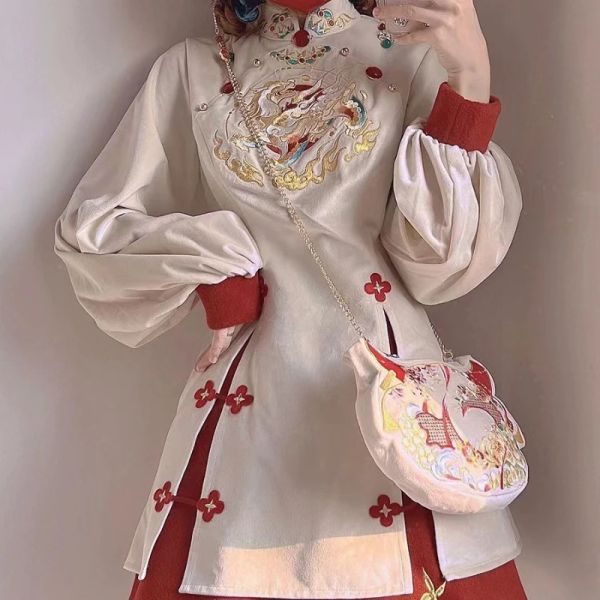 Anzüge xgoth neuer chinesischer Stil modifiziertes Kleid Frauen Chinesisches Neujahr Cheongsam Kleider Patchwork Red Long Robe Plüsch SCHALKLINGEN/2PCS