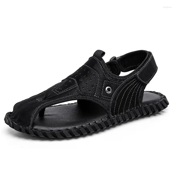 Sandálias masculinas verão pitada toe couro artesanal respirável sapatos casuais antiderrapantes praia flip-flops