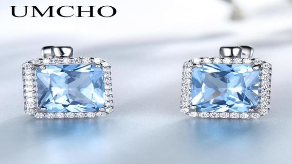 Polsino dell'orecchio UMCHO Lusso Nano Sky Blue Topaz Gemstone Clip su orecchini Gioielli in argento sterling massiccio 925 per le donne Regalo di compleanno 22119586756