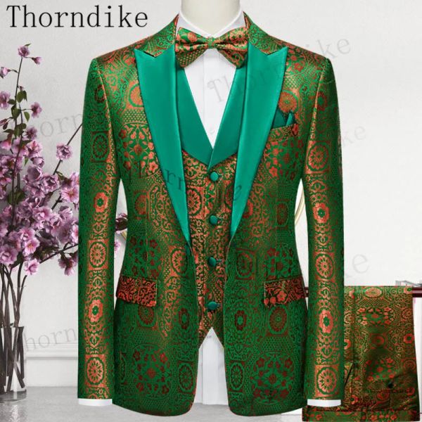 Ternos de espinhos de novo estilo jacquard verde masculino de traje de lapela de lapela de lapela de lapela, textura de cor de lapu -de -lapéu de lapu