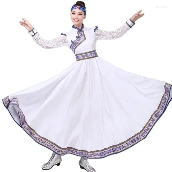 Bühnenkleidung, weißes Prinzessinnenkleid, langes mongolisches tibetisches Kleid, Festival, Volkstanzkostüme für Frauen