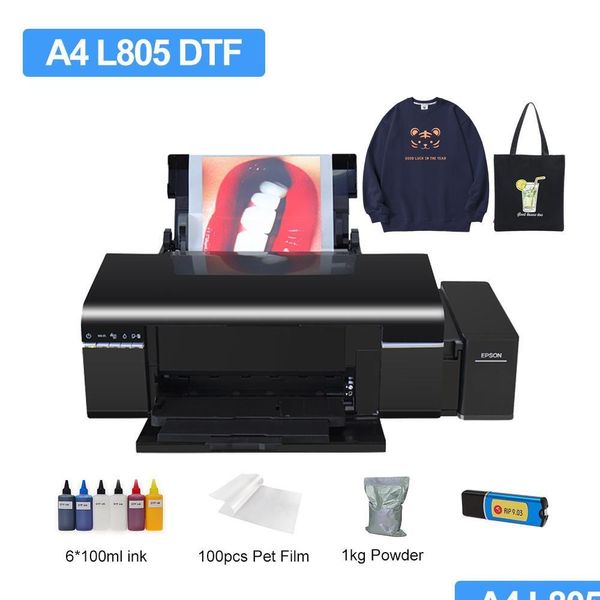 Impressoras A4 DTF Impressora L805 Camiseta Impressão Hine Pet Film Convertida Transferência Direta para Tecido Têxtil Hoodies Drop Delivery Dhqe3