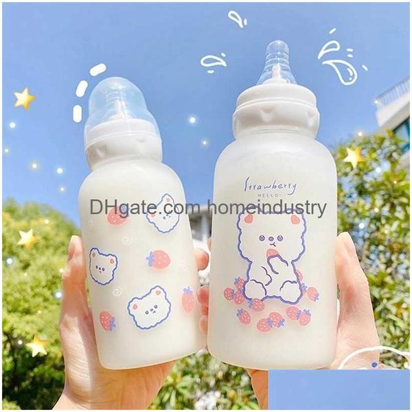 Bottiglie d'acqua Simpatico cartone animato Stberry Bear Ciuccio in vetro Bottiglia d'acqua St Cup Per bambini Adt Biberon con latte glassato 211020 D Dhdgy