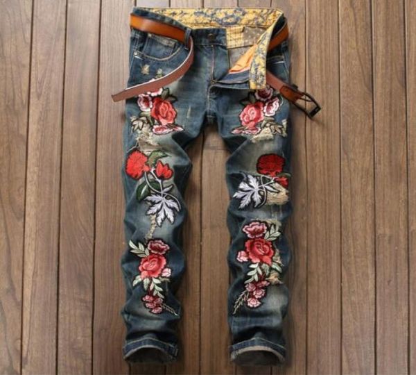 Bordado Floral Tigre Pássaro Imprimir Design Mens Jeans Rasgados Slim Denim Lápis Calças Hommes Azul Reto Biker Jean Calças Longas1198074