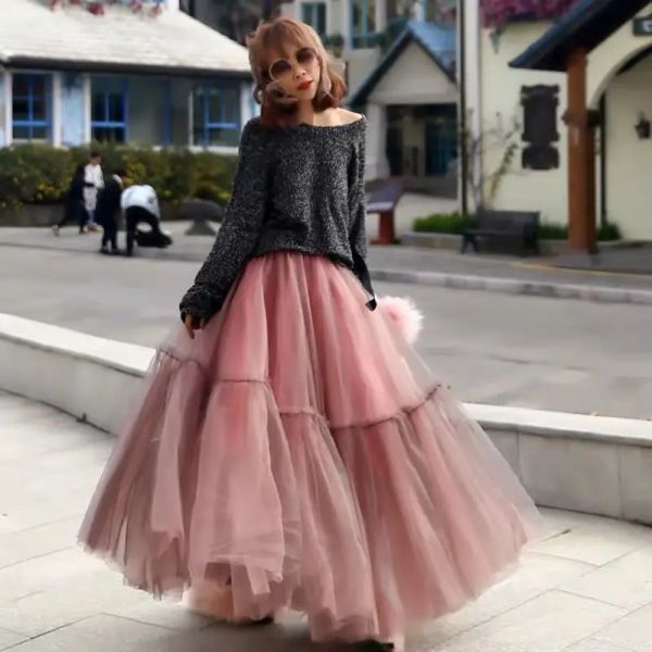 Kleider Winter Vintage Gothic Gefaltete Lange Tüll Rock Tutu Femme Hohe Taille Runway Mesh Lange Röcke Koreanische Mode Kleidung Q661