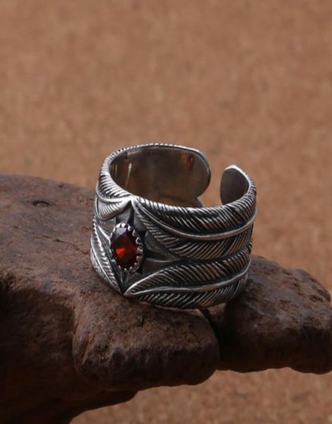 Koreanische mode feder Ringe Retro Thai silber Roten stein offenen ring für männer frauen 925 Sterling Silber Schmuck Gothic Punk bague9941740