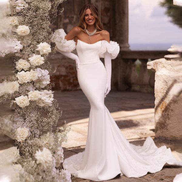 Meerjungfrau-Kleider mit abnehmbaren Ärmeln, trägerloses Brautkleid für die Braut 2024, Satin, Vestido De Noival 326 326
