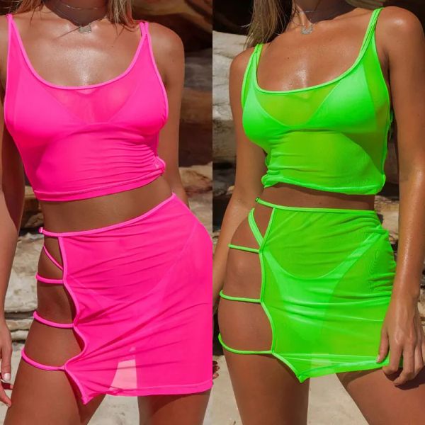 Ternos bkld neon verde quente malha transparente de duas peças conjuntos de praia casual women sexy oco bodycon mini -saia+tops de colheita