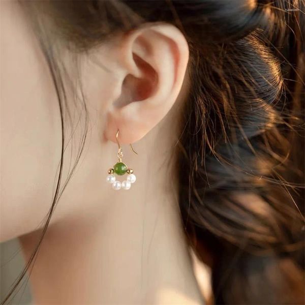 Brincos pendurados 14k ouro branco pérola flor design jade brinco charme elegante gancho para mulheres na moda presente de meninas acessórios de joias