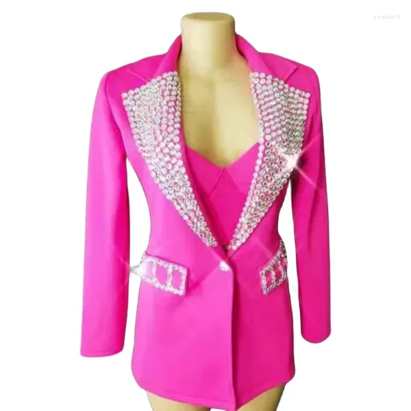 Abbigliamento da palco Bar Discoteca Donna Cantante Ballerino Abiti Rosa Cristalli viola Cappotto Bikini 3 pezzi Set Jazz DJ Spettacolo Abiti da ballo Costume