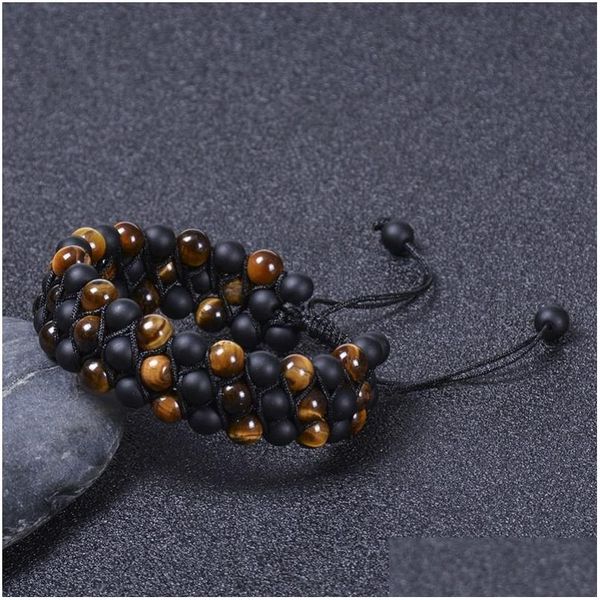 Corrente 6mm Natural Gemstone Tiger Eye Pedra Fosca Três Camadas Pulseira Frisada Envoltório Mti-Layer Pulseiras Bangle Cuff Jóias Drop Deli DHPIF