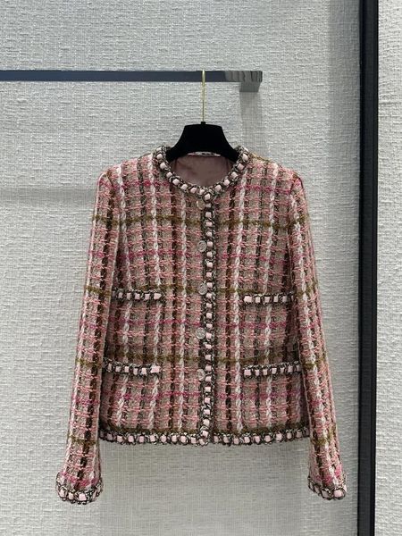 Giacche da donna 2024 Prodotto di inizio primavera Rosa Marrone Plaid 3D lavorato a maglia Cappotto sciolto in lana Giacca a maniche lunghe da donna