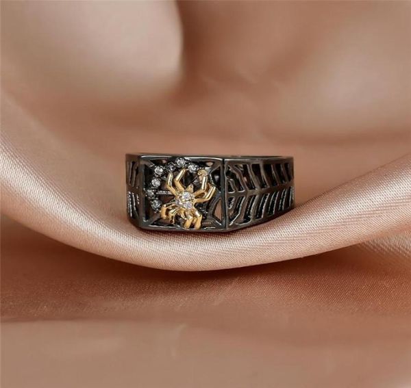 Hochzeit Ringe Punk Weiblich Männlich Weiß Kristall Ring Steampunk 14KT Schwarz Gold Groß Für Frauen Männer Einzigartige Spinne Web Hohl party Jewel5073413