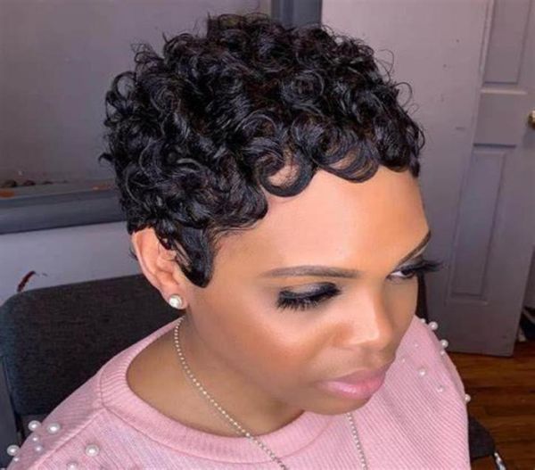 Pixie Cut Wigs İnsan Saç Kıvırcık Afro Afro -Amerikan perukları Kısa Dalga Makinesi Siyah Kadınlar İçin Yapım 4775226