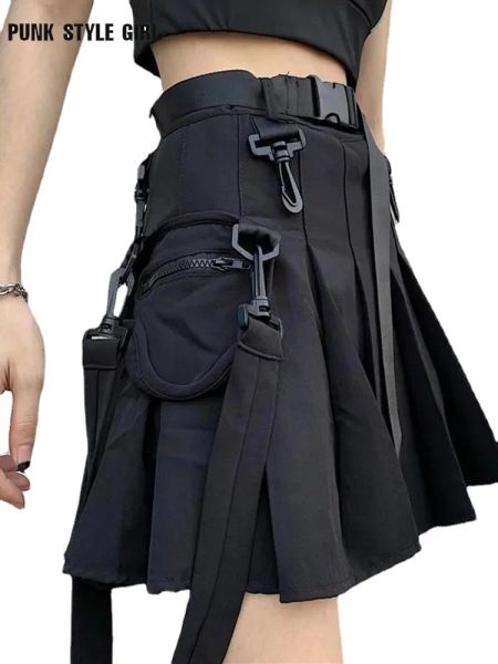 Elbiseler jk etek Japon tarzı siyah kargo pilili etek haruku alt takım kısa patenci kadın teknoloji giyim gotik cepler tek tip etekler