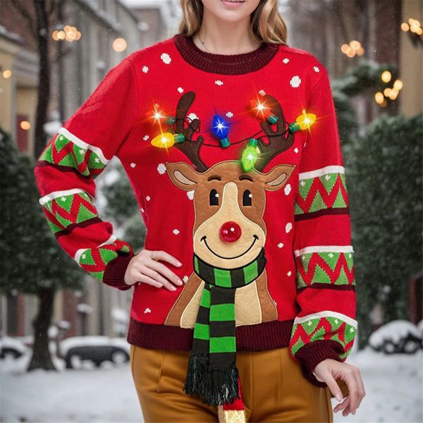 Pullover Donna LED Light Up Maglione per le vacanze Natale Cartoon Renna Pullover in maglia Top Crochet Fuzzy Maglione per donna Autunno Inverno 2023